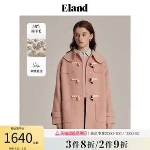 Eland衣恋毛呢大衣女大翻领中长款H版型牛角扣双面呢外套