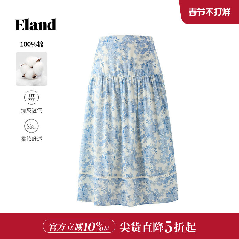【100%棉】Eland衣恋半身裙女2025假日风收腰显瘦印花裙