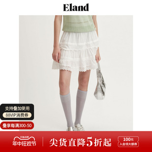 新款 短裙甜美裙子2024夏季 Eland衣恋半身裙女松紧腰蕾丝边A版