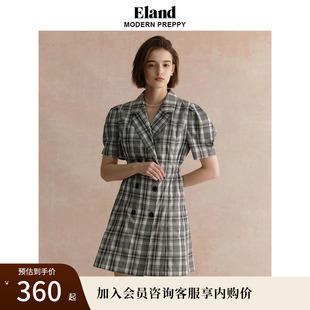 双排扣收腰格雷系甜美风桔梗裙 Eland衣恋格子连衣裙V领泡泡袖