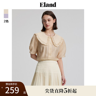 女花边娃娃领透气短袖 Eland衣恋衬衫 上衣甜美风夏