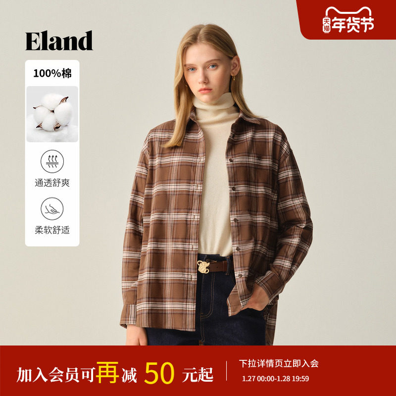 【100%棉】Eland衣恋衬衫女气质翻领格纹长袖通勤上衣202