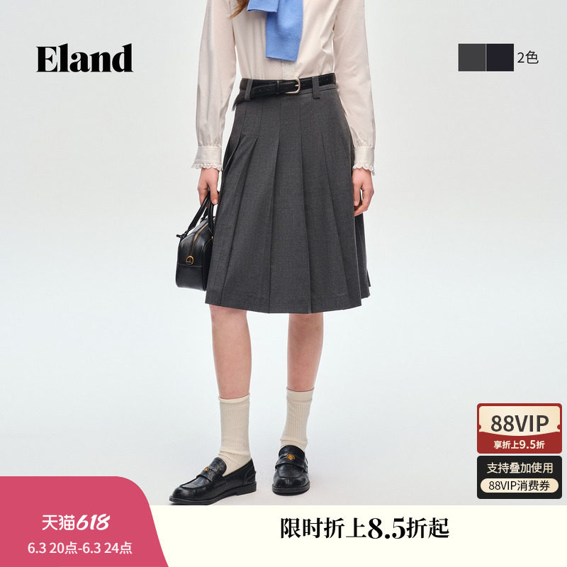 Eland衣恋半身裙女收腰显瘦中长款A字裙学院风百褶裙2026春季新款