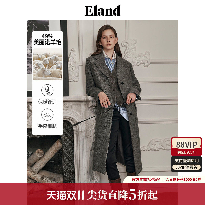 ELAND49%绵羊毛舒适大衣长款