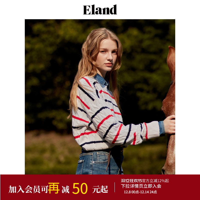 ELAND绞花圆领复古针织毛衣