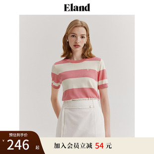 女温柔甜美短袖 Eland衣恋圆领撞色条纹针织衫 T恤上衣夏