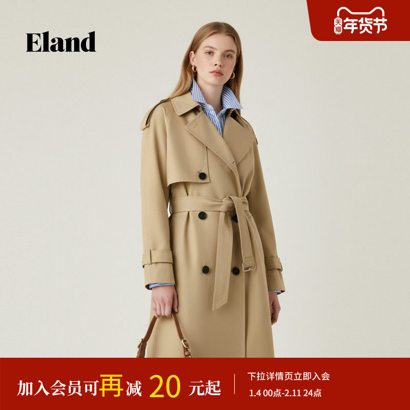 【100%棉】Eland衣恋风衣女长款翻领双排扣收腰外套2025冬季新款,女装/女士精品,风衣,淘宝优惠券,粉丝福利购,淘宝优惠卷