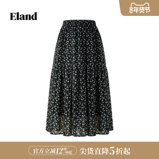 Eland衣恋半身裙女a字logo金属标碎花中长款度假裙子2025夏季新款