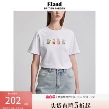 Eland衣恋T恤女短袖圆领落肩柯基立体刺绣短款学院风夏季款