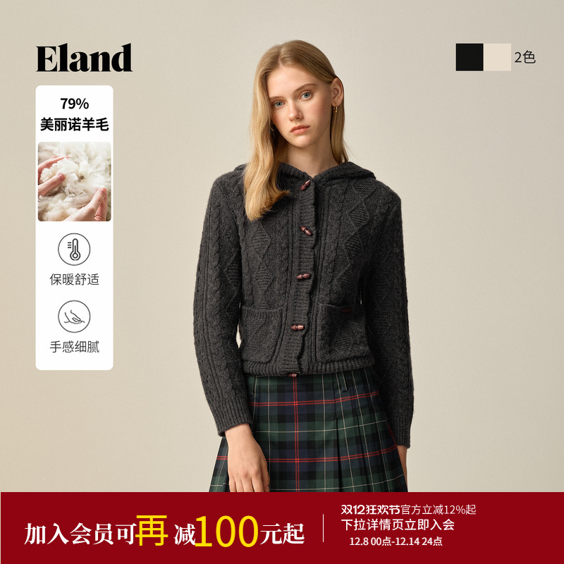 ELAND毛针织衫单排扣连帽开衫