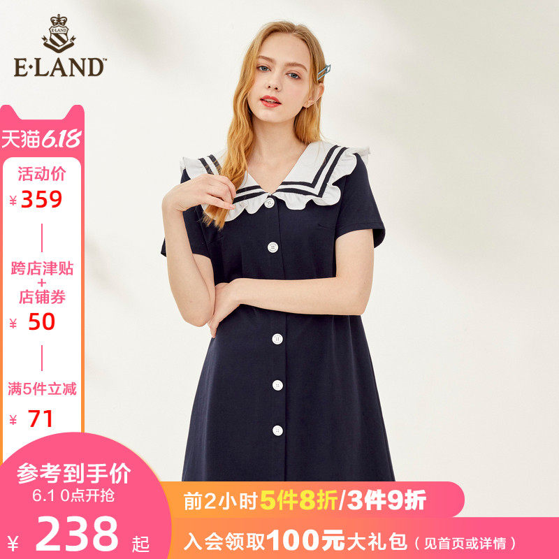 ELAND2020夏季新款娃娃领海军风木耳边A字减龄连衣裙女EEOMA65Q2I
