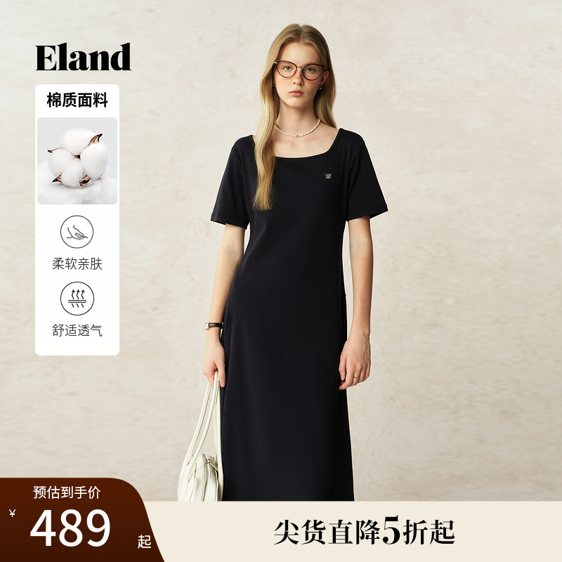 【66%棉】Eland衣恋连衣裙女纯色大u形领短袖裙子2025夏季新款