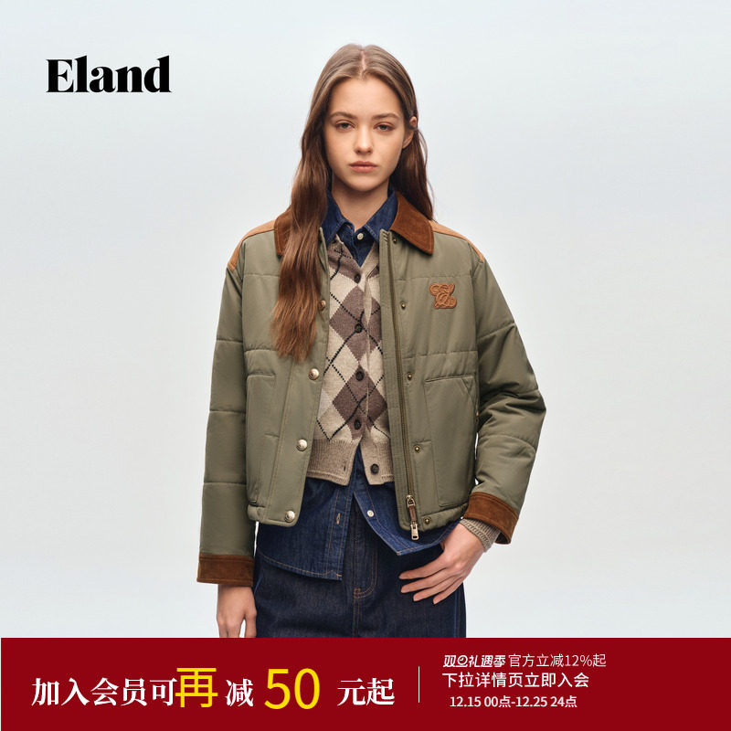 Eland衣恋棉衣女翻领长袖大口袋通勤棉服外套2026春季新款