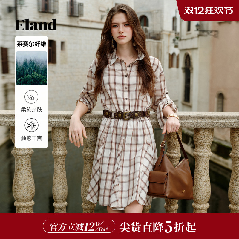ELAND连衣裙格纹衬衫裙