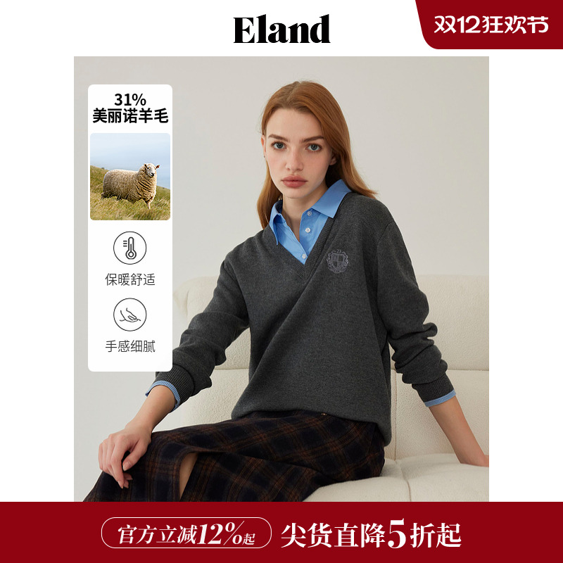 ELAND学院风拼接衬衫领保暖毛衣