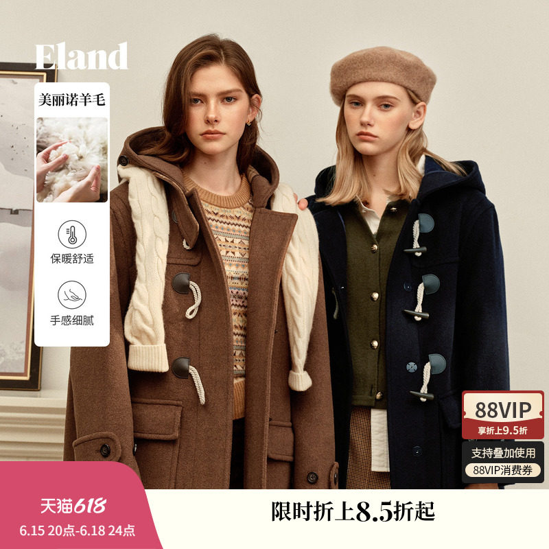 【经典长期主义】Eland衣恋毛呢外套女牛角扣羊毛大衣冬新款