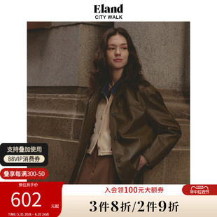 反驳领PU皮衣外套冬季 型直筒宽松复古西装 Eland衣恋H版