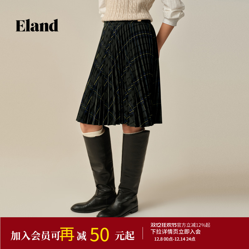 ELAND百褶裙格纹收腰半身裙