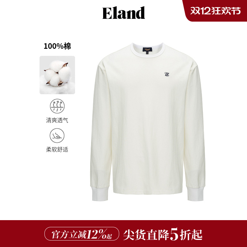 ELAND男T恤宽松100%棉长袖上衣
