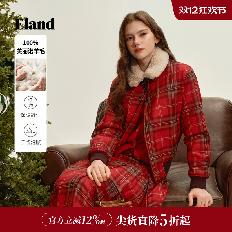 ELAND100%绵羊毛格纹棉服短款