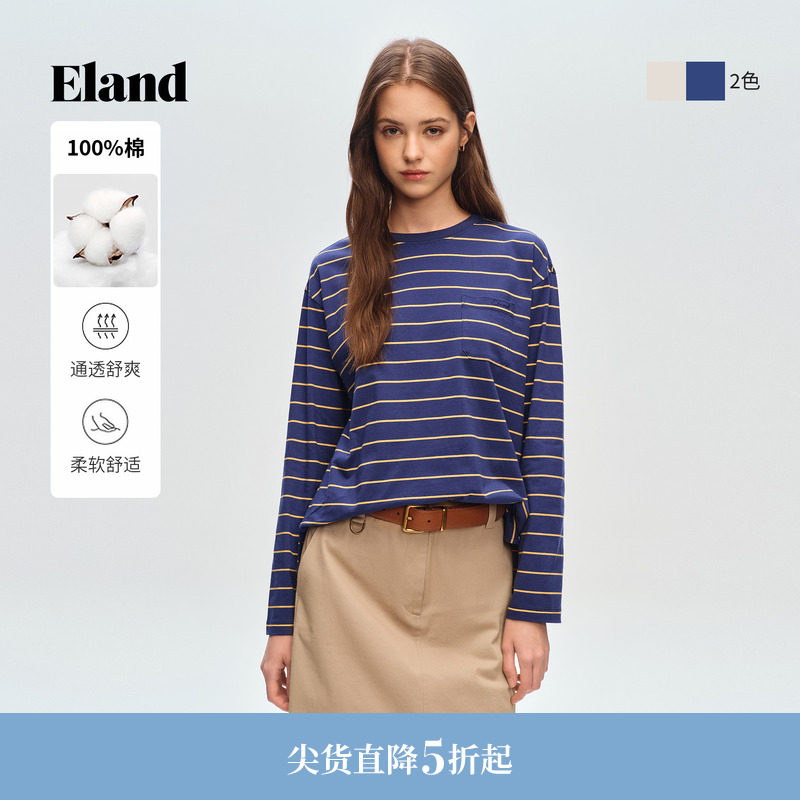 【100%棉】Eland衣恋T恤女学院风圆领长袖条纹宽松上衣2026春新款