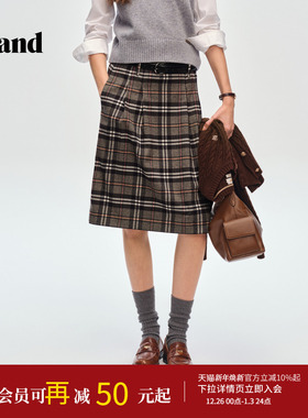 Eland衣恋半身裙女时尚收腰显瘦格纹裙A字裙2025冬季新款