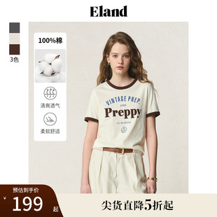 上衣25夏季 口撞色短袖 100%棉 新款 Eland衣恋T恤女学院风圆领袖