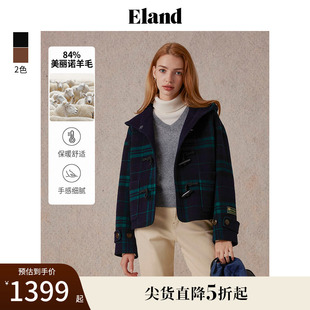 款 84%绵羊毛 Eland衣恋毛呢外套女格纹保暖短大衣冬季