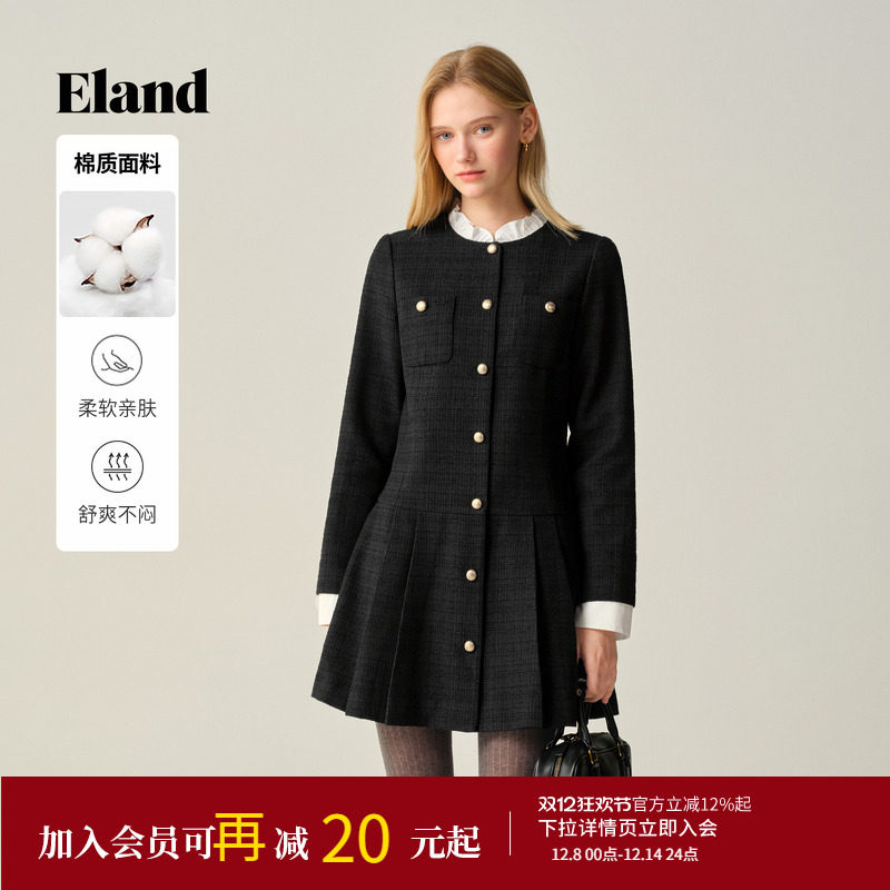 Eland衣恋连衣裙女法式小香风荷叶边立领短裙2025冬季新款