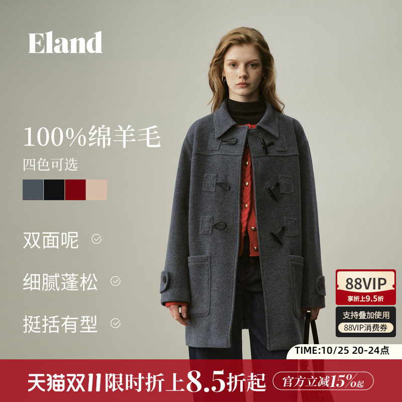 ELAND学院风牛角扣毛呢外套