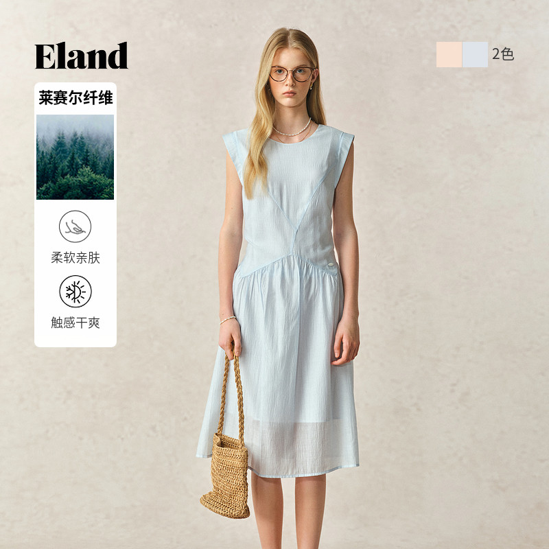 【沐光裙】Eland衣恋连衣裙女圆领莱赛尔藏肉显瘦通勤裙子夏季