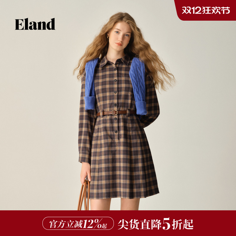 ELAND连衣裙翻领格纹衬衫式