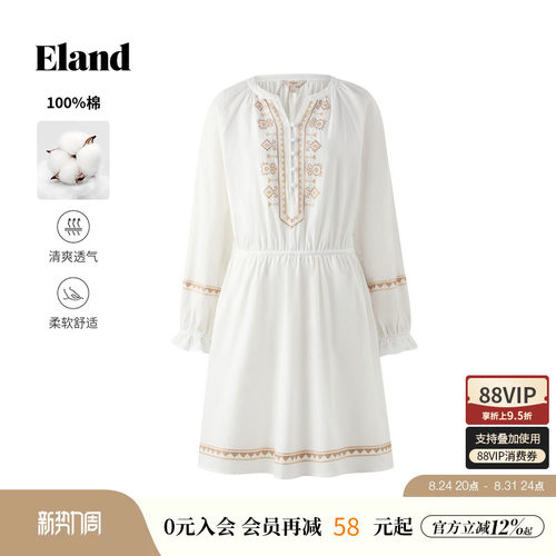 ELAND连衣裙刺绣长袖度假纯棉