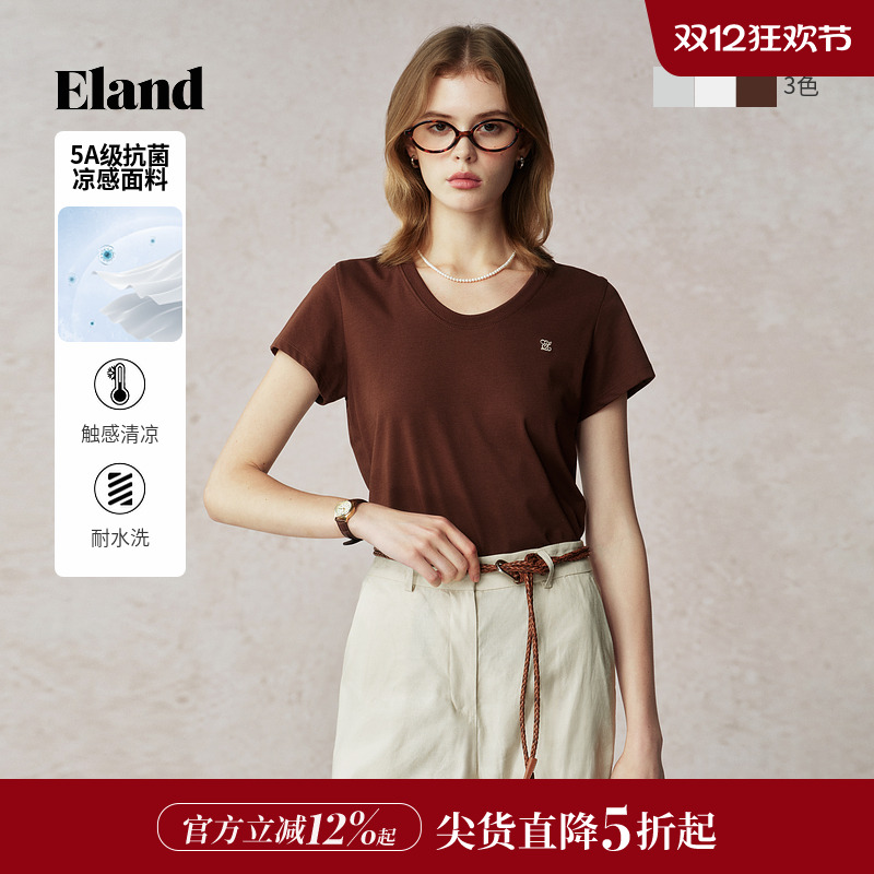 ELAND短袖T恤棉感U形领