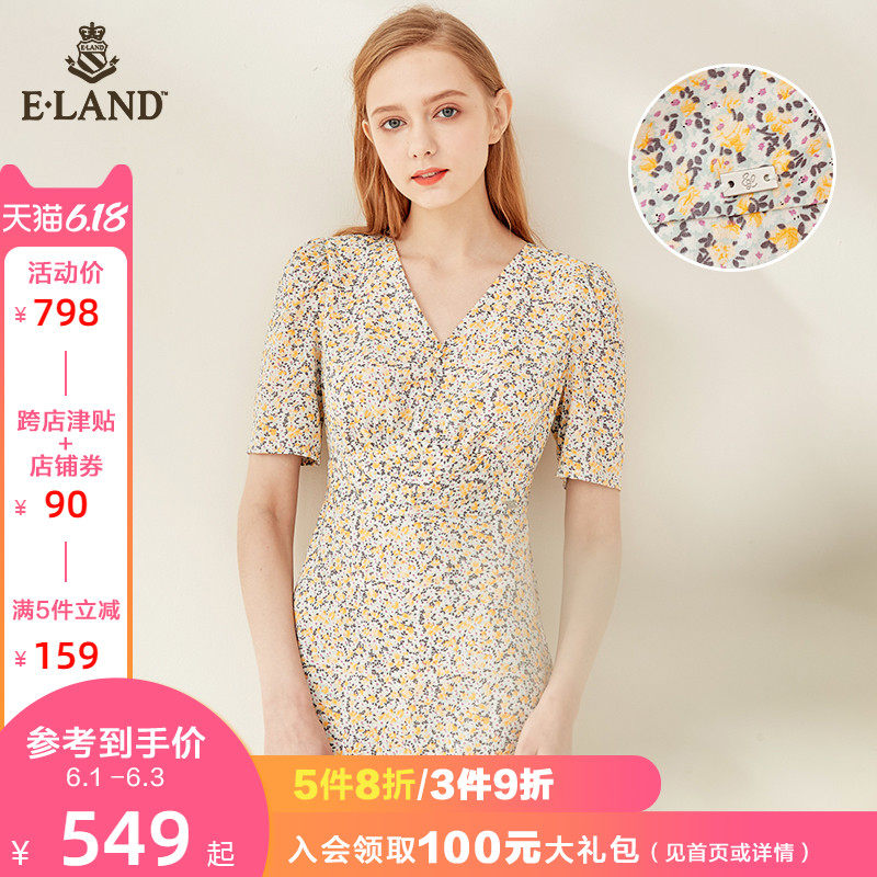 ELAND2020夏季新款清新碎花V领雪纺连衣裙修身飘逸EEOWA25H5N