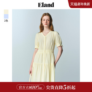 设计塔克下摆裙子25夏季 Eland衣恋连衣裙女泡泡袖 新款 茶歇裙
