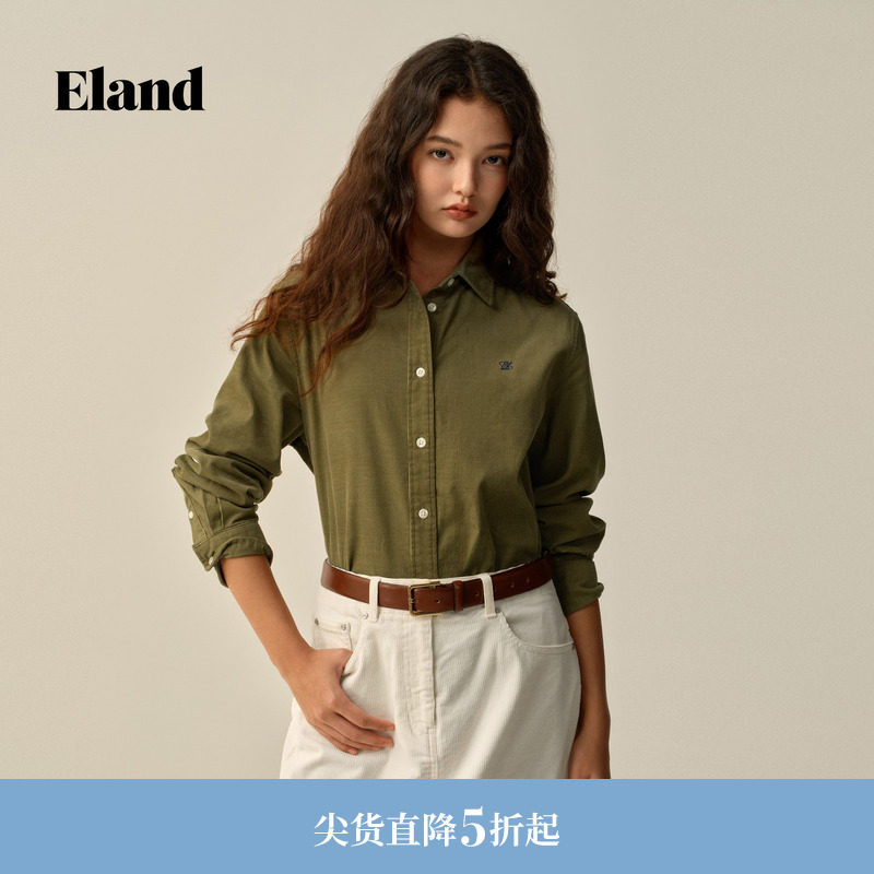 【100%棉】Eland衣恋衬衫男女款通勤翻领纯色上衣2025冬季新款