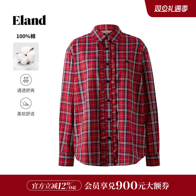 ELAND撞色格纹翻领衬衫女
