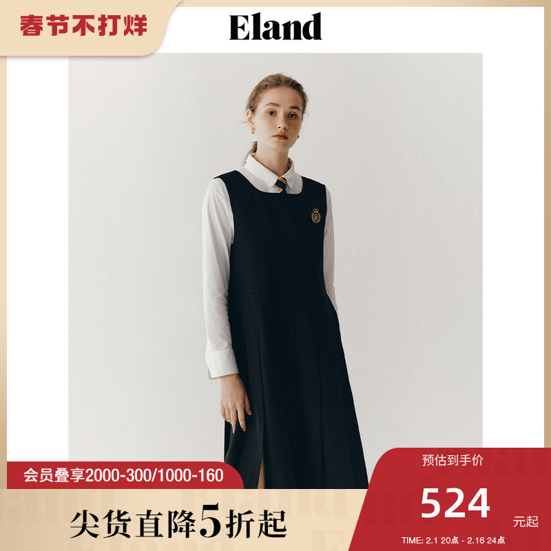 Eland衣恋连衣裙女中长款学院风方领无袖过膝裙子女秋季2023新款