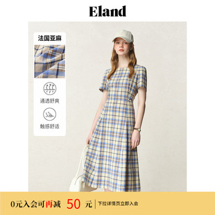 Eland衣恋连衣裙女格纹侧口袋裙子夏季 淡人 法国亚麻