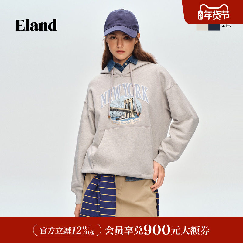 【100%棉】Eland衣恋卫衣女时尚字母图案连帽大口袋2026春季新款