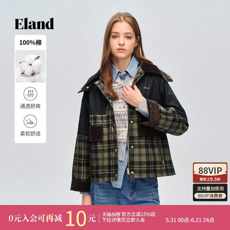 Eland衣恋棉衣棉服女时髦休闲格纹印花长袖外套2026春季新款
