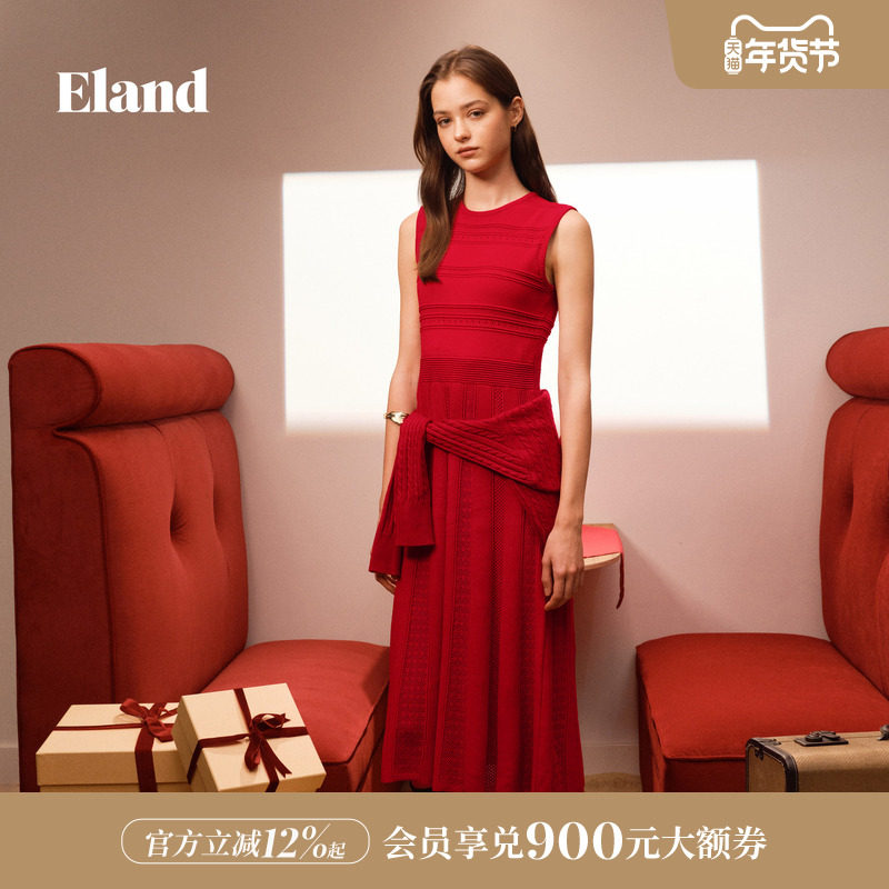 Eland衣恋连衣裙女无袖圆领针织裙优雅收腰百褶裙红裙2026春
