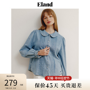 女春季 复古牛仔长袖 衬衫 ELand衣恋长袖 外套上衣女