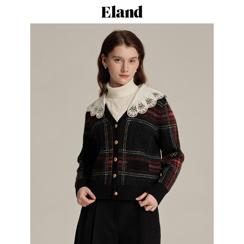 ELAND针织开衫花边大翻领