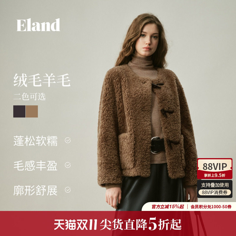 ELAND牛角扣长袖圆领毛绒外套