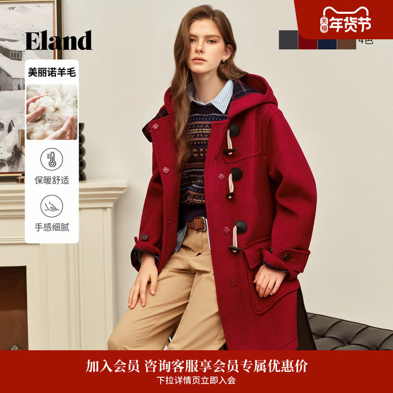 【经典长期主义】Eland衣恋毛呢外套女牛角扣羊毛大衣2025冬新款