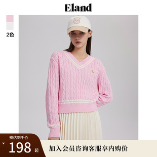 Eland衣恋糖果色V领针织衫 套头学院风撞色毛衣女 宽松短款