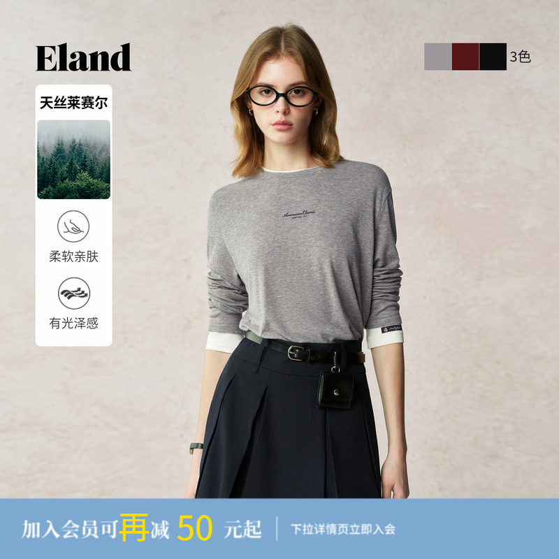 【莱赛尔】Eland衣恋T恤女圆领修身长袖休闲薄款假两件上衣夏季