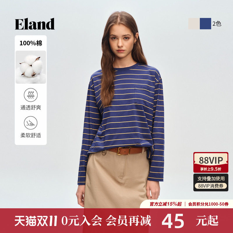 【100%棉】Eland衣恋T恤女学院风圆领长袖条纹宽松上衣2026秋新款